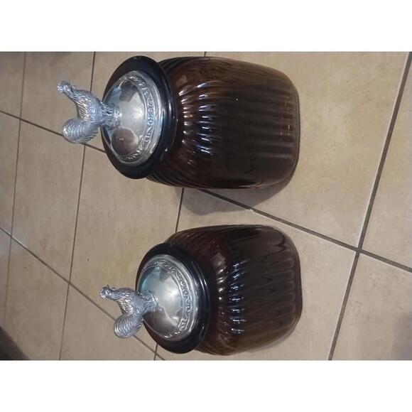 Set of‎ 2 Vintage Artland Amber Glass Canister with Rooster Pewter Lid 12
